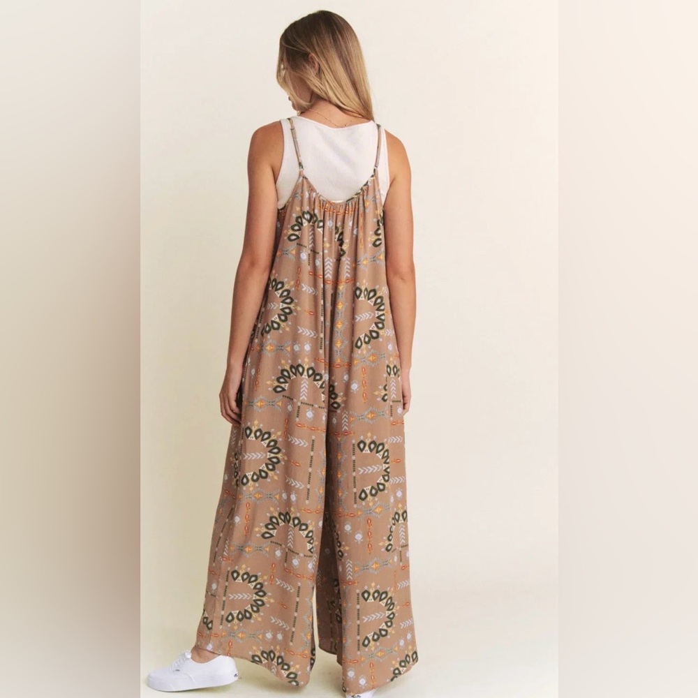 Jade By Jane Boho Aztec Print Wide Leg Sleeveless Jumpsuit in Tan With Pockets - Picture 3 of 10